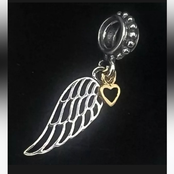 S925 Sterling Silver Dangling "Angel Wing and Gold Heart" Charm~Fits Pandora NEW - Picture 4 of 7